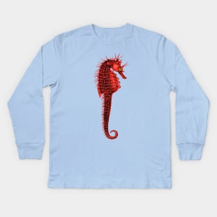 RED SEAHORSE IN TURQUOISE BLUE Sea Life Drawing Kids Long Sleeve T-Shirt